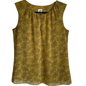 CAbi Paisley Sleeveless Top Sz S Mustard Yellow Black Keyhole #3617 Career Chic